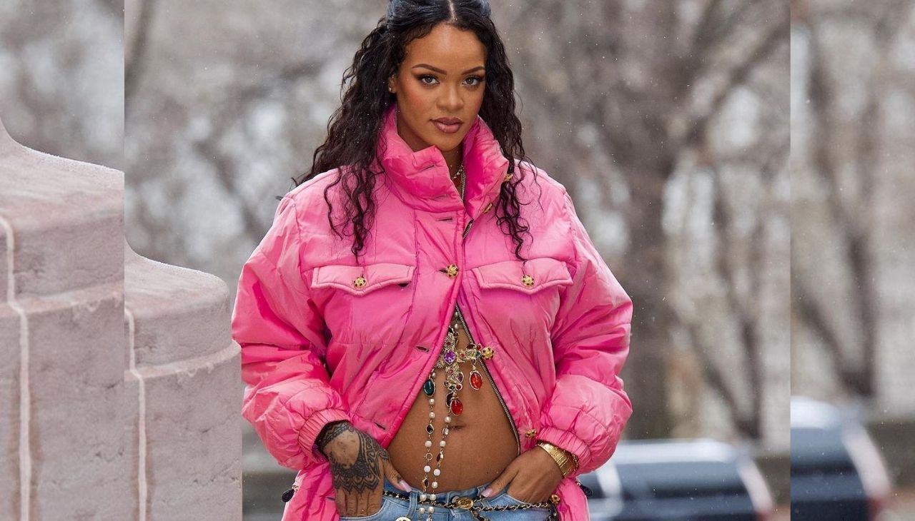 Rihanna showed off her pregnancy in a vintage Chanel jacket. Photo: Twitter
