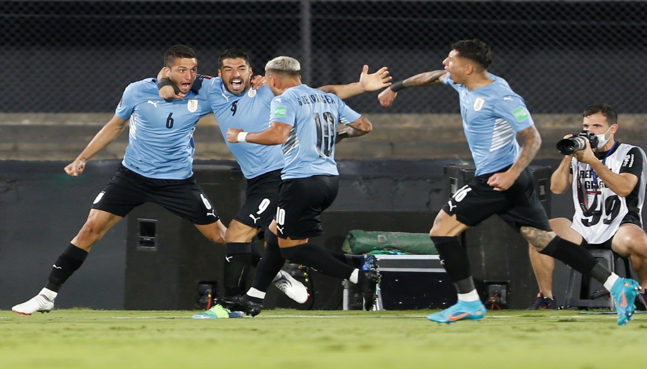 Luis Suárez, forward of Uruguay, celebrates a goal. He became the all-time top scorer in the South American qualifiers.