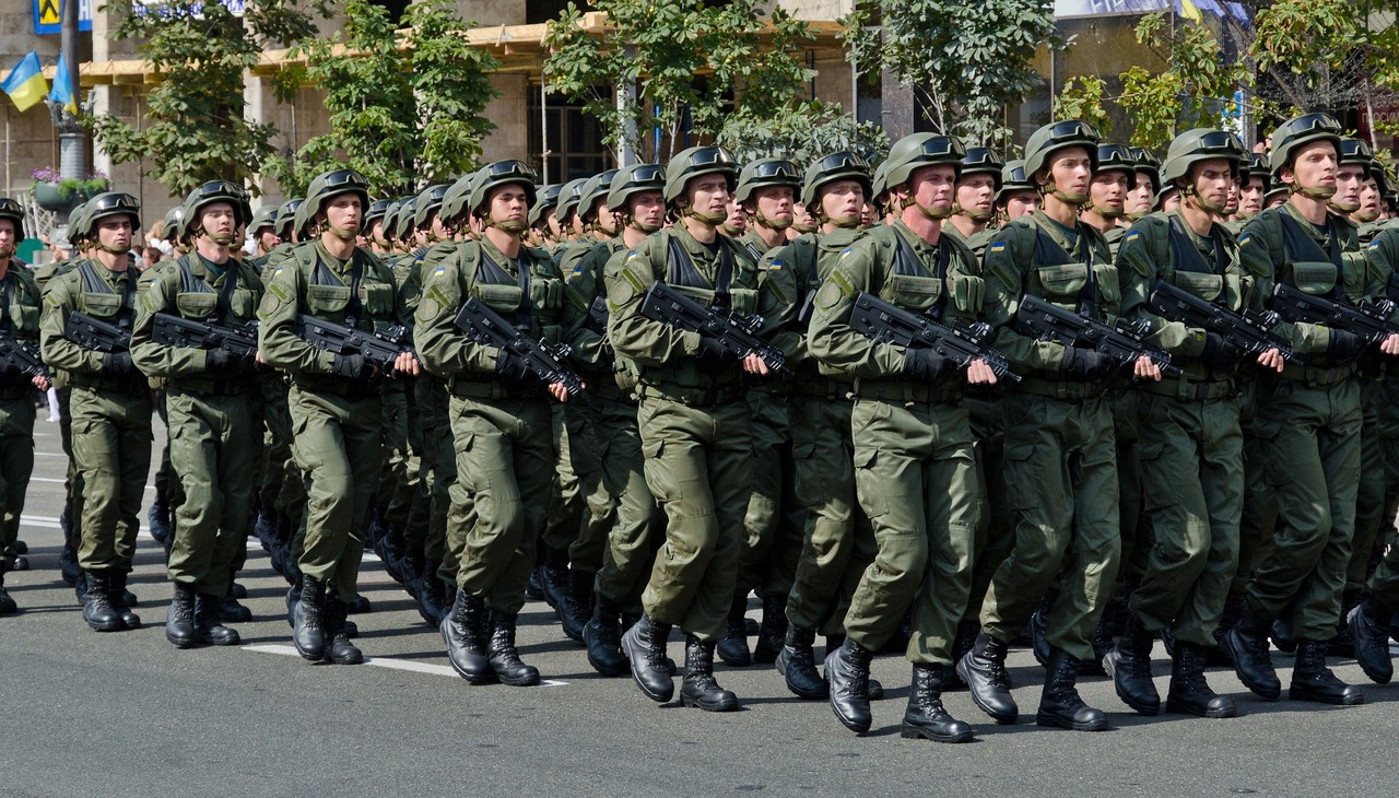 Ukrainian soldiers marching. 