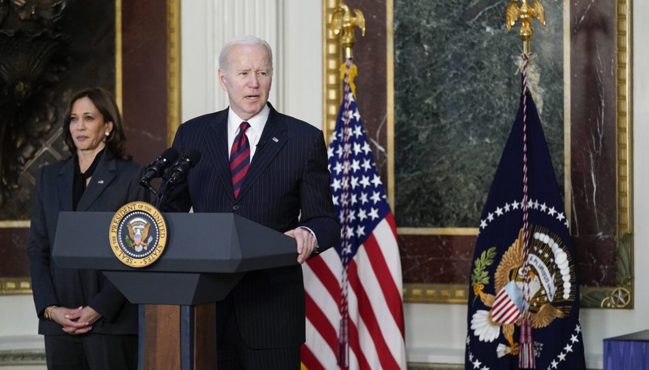 President Biden giving a speech before signing the government funding bill. Photo credit: Patrick Semansky