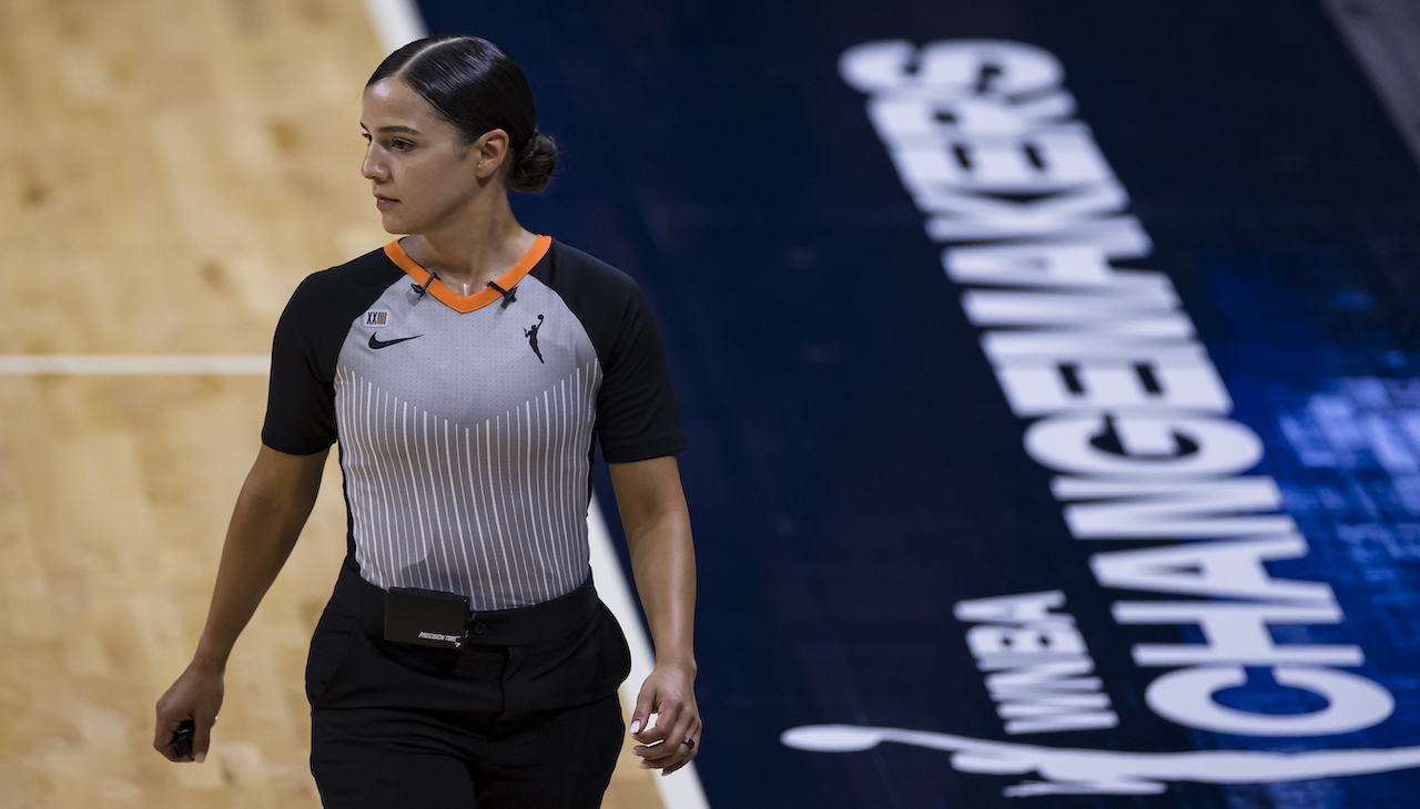 Blanca Burns is the first Mexican-born woman in an NBA official role. Photo: Scott Taetsch/Getty Images.