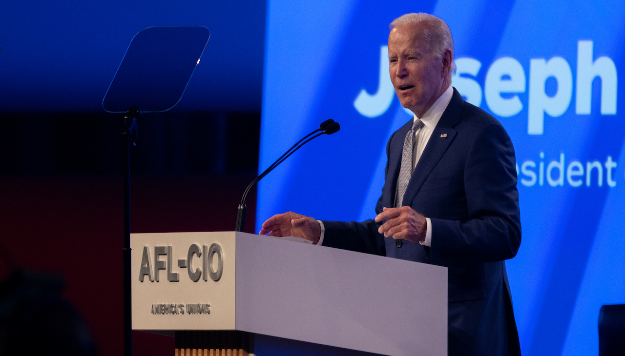 President Joe Biden speaking at the 29th AFL-CIO Convention in Philadelphia on Tuesday, June 14. Photo: Nathan Posner/Anadolu Agency via Getty Images.