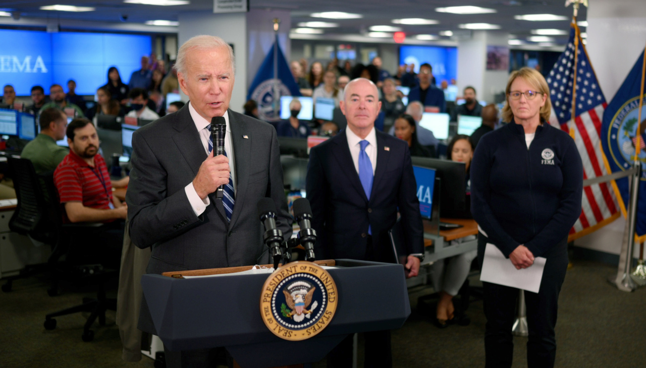 President Biden on the emergency room giving speech after hurricanes hit Florida and Puerto Rico.