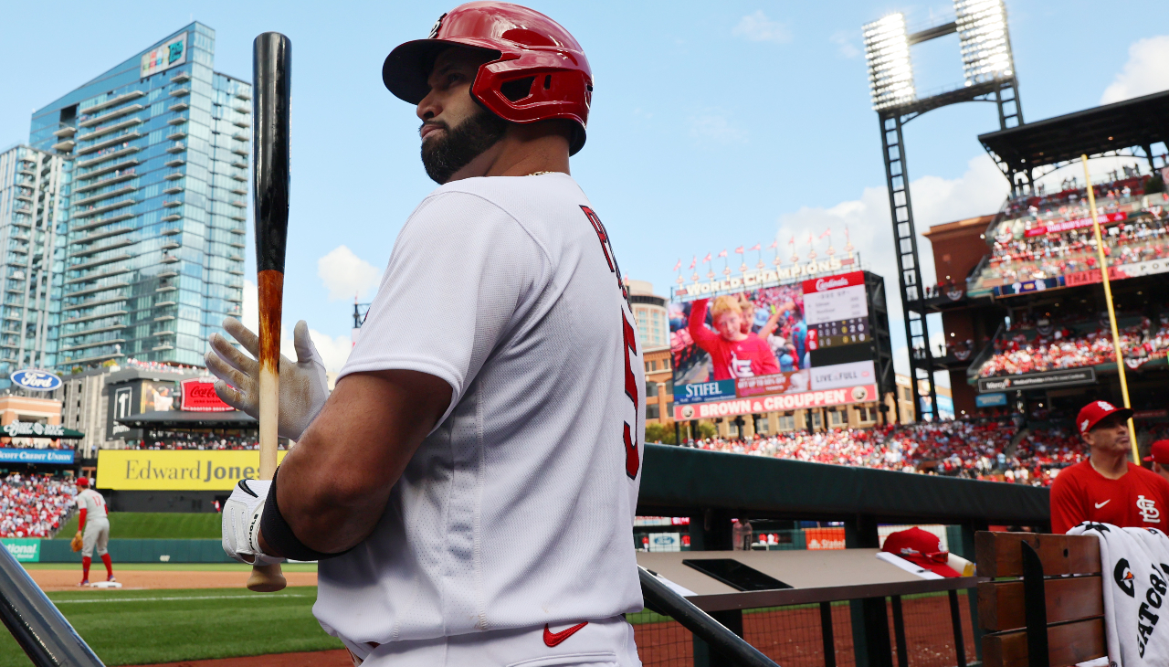 Albert Pujols of the Cardinals looks on during the Wild Card Series game between the Philadelphia Phillies and the St. Louis Cardinals at Busch Stadium on Friday, Oct. 7, 2022 in St. Louis, Missouri. Photo: Dilip Vishwanat/MLB Photos via Getty Images.