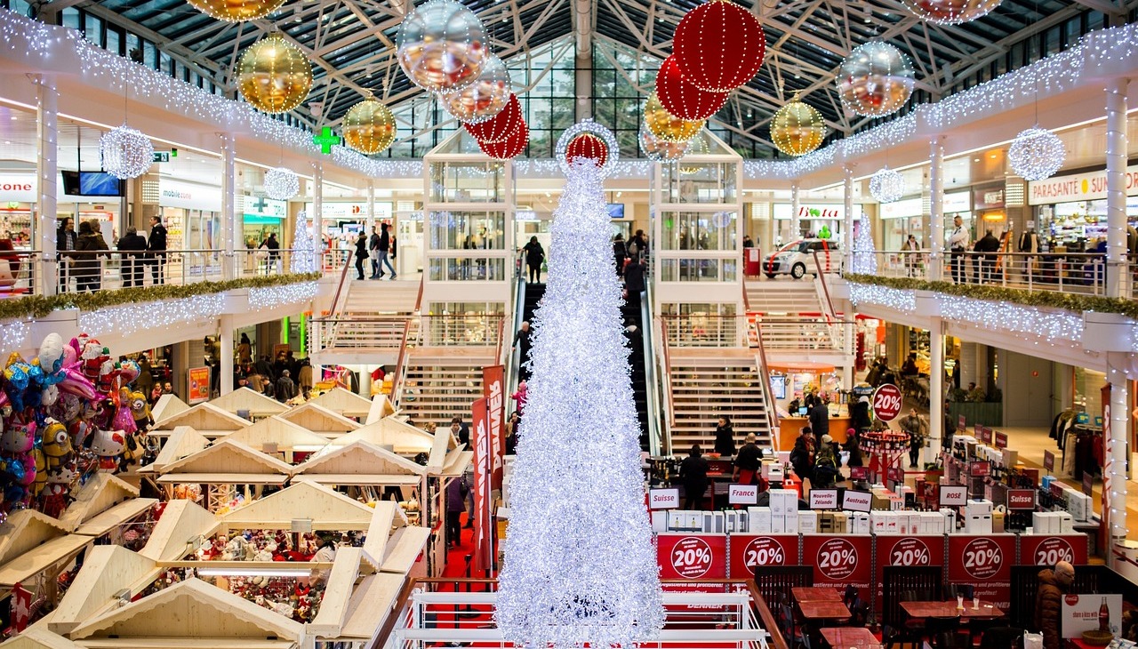 Shopping mall with Christmas decoration. 