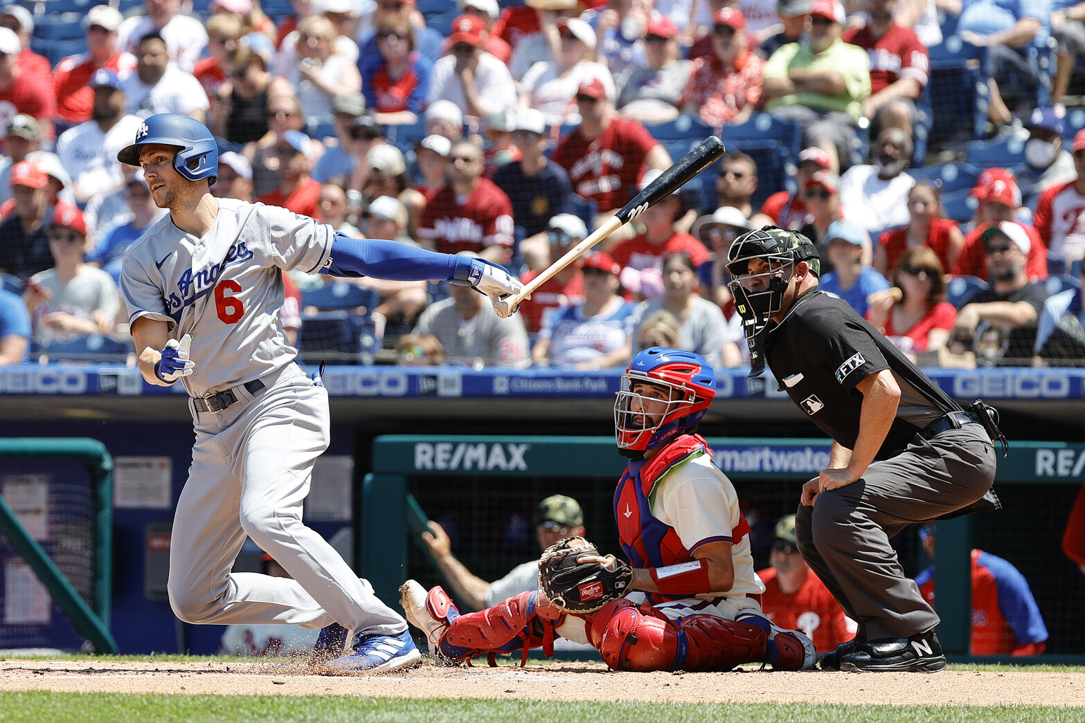 Trea Turner hits a double during the first inning against the Philadelphia Phillies at Citizens Bank Park on May 22, 2022 in Philadelphia, Pennsylvania. Photo Credit: Tim Nwachukwu/Getty Images.