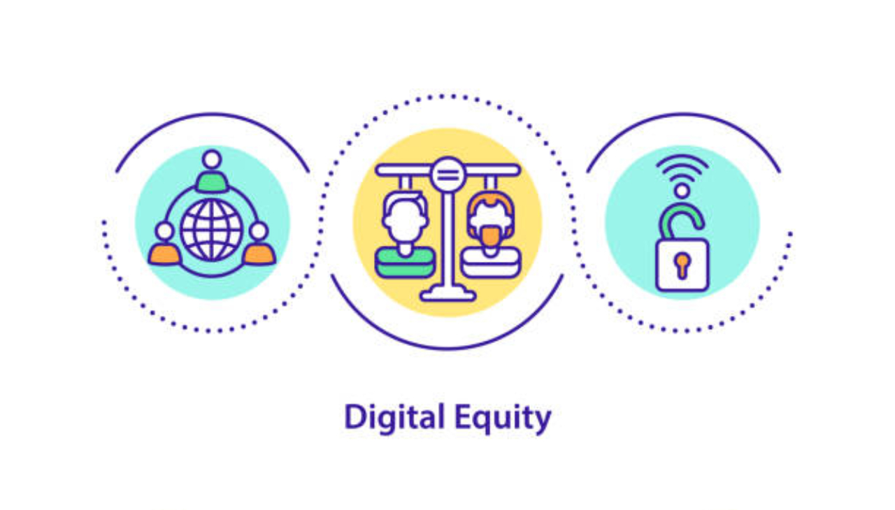Three bubbles in a horizontal line against a white background. The leftmost is a globe with three people surrounding it, connected by lines. The middle is a scale weighing two equal people. The last is an unlocked lock with a wifi symbol. Beneath it text reads "Digital Equity."