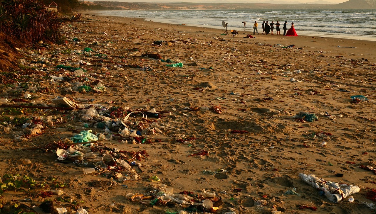 Plastic waste on a beach.