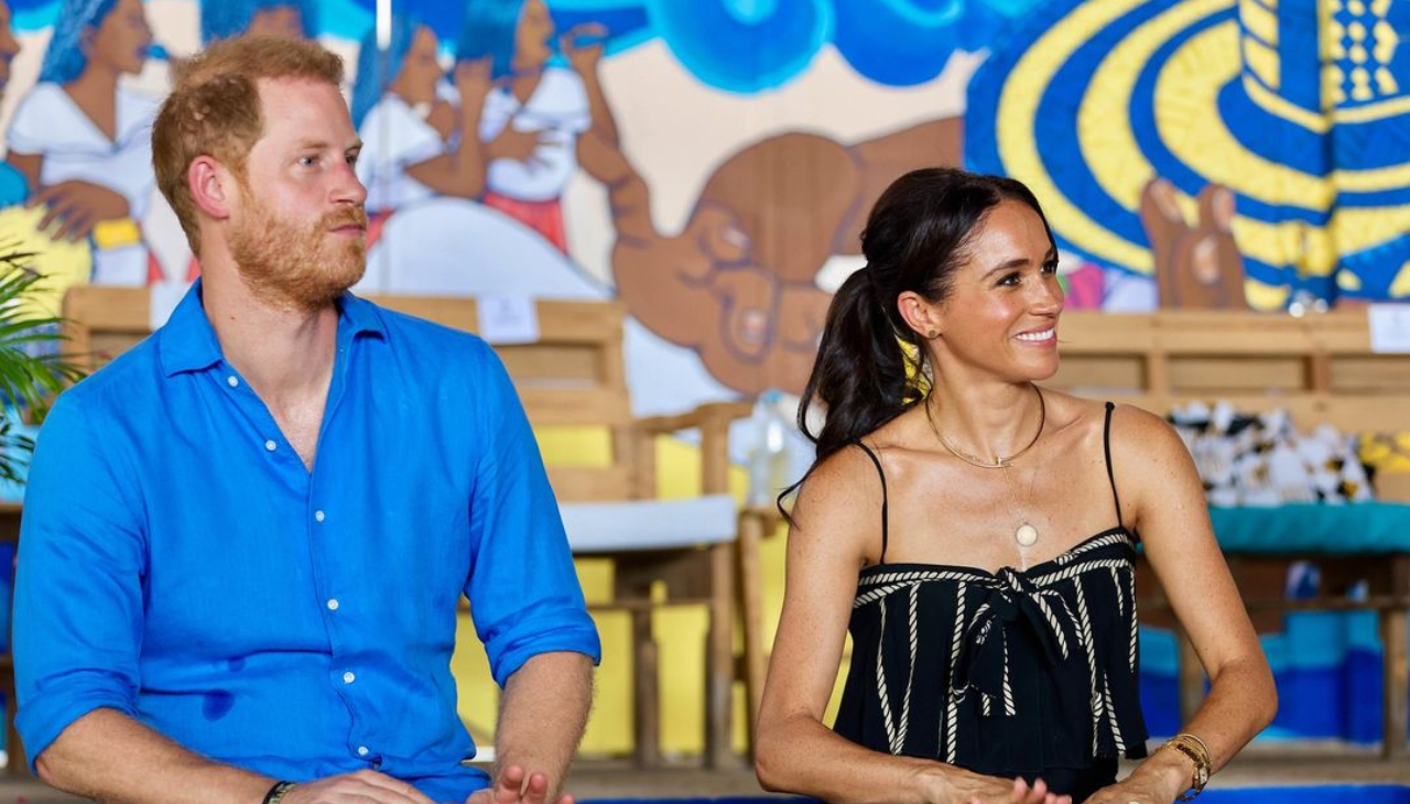 The Duke and Duchess of Sussex during their visit to the Tambores de Cabildo School in Cartagena. Photo: Vice-Presidency of Colombia.