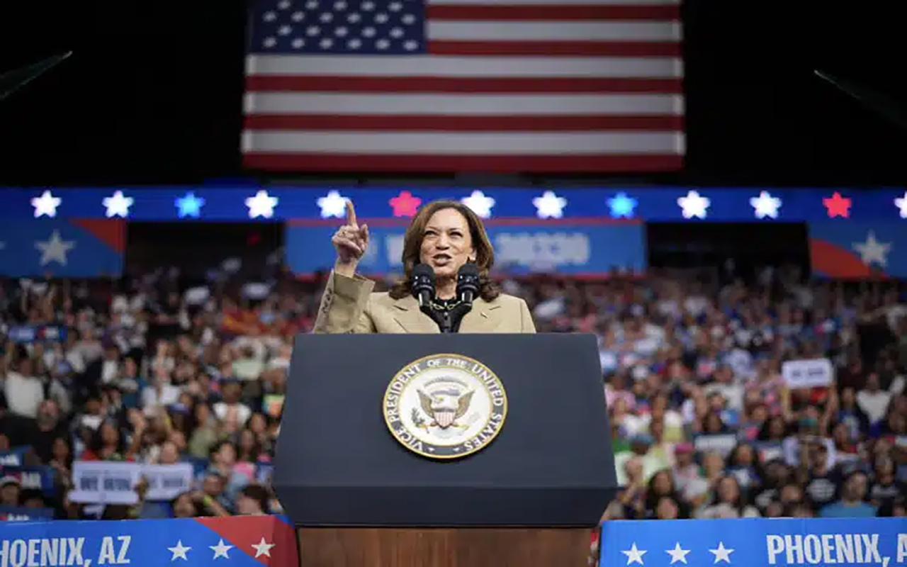 Democratic presidential nominee Vice-President Kamala Harris speaking at a campaign rally. Photo: Andrew Harnik/Getty Images