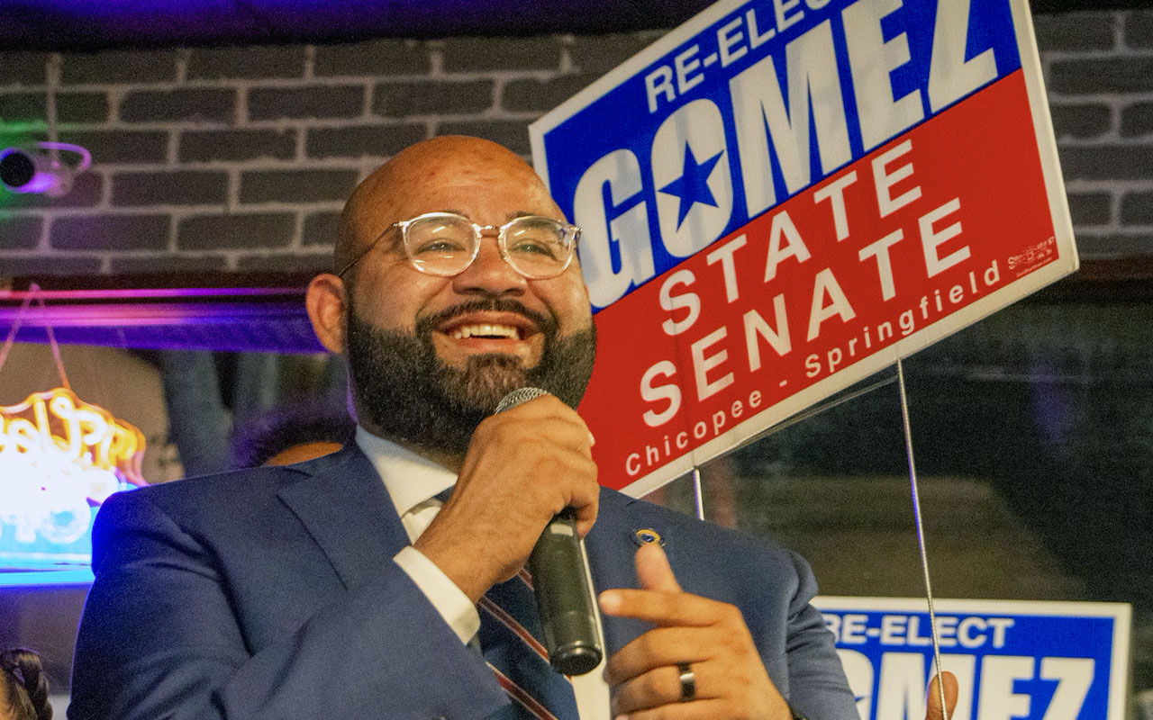 State Sen. Adam Gomez speaks to supporters at his watch party Sept. 3, 2024, at Las Kangris restaurant. Gomez declared victory in the Democratic primary where Springfield city councilor Malo Brown challenged the incumbent for the seat representing most of Springfield and a portion of Chicopee. (Sophie A. Markham photo)Sophie Markham