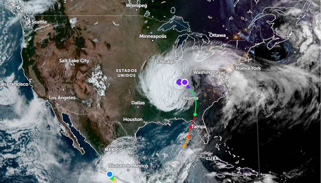 Imagen satelital de Helene. Toma de pantalla del sitio web zoom.earth