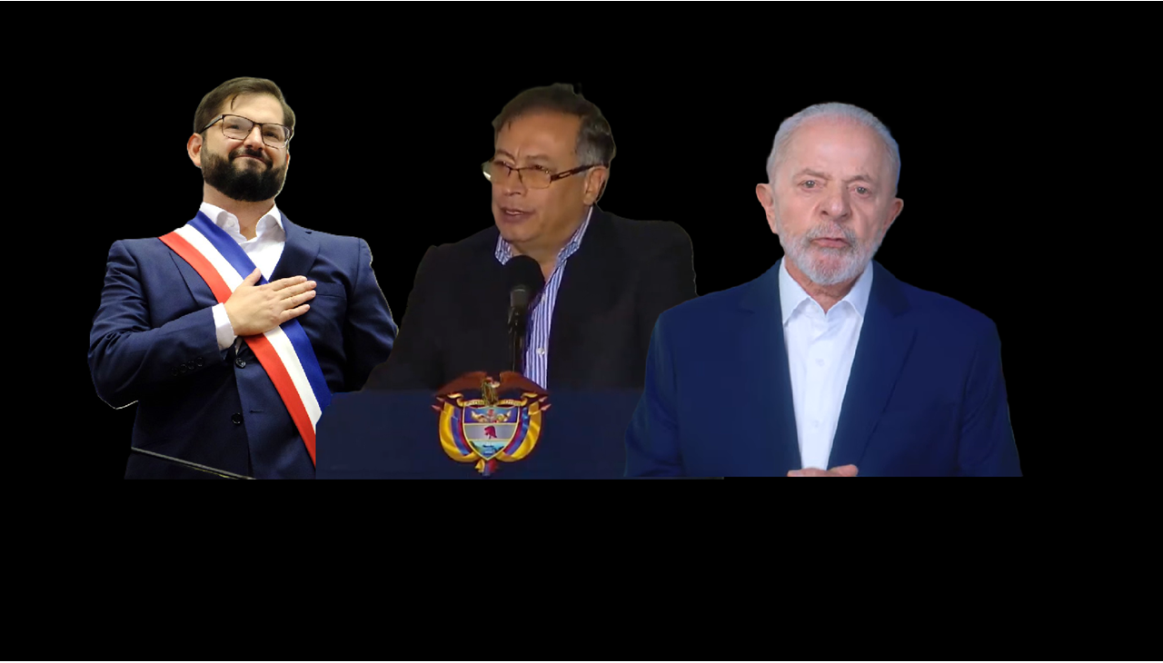 Gabriel Boric, Gustavo Petro, Lula Da Silva. Imágenes tomadas de la cuenta de Twitter de Boric y de videos en las cuentas de Youtube de Petro y Lula.