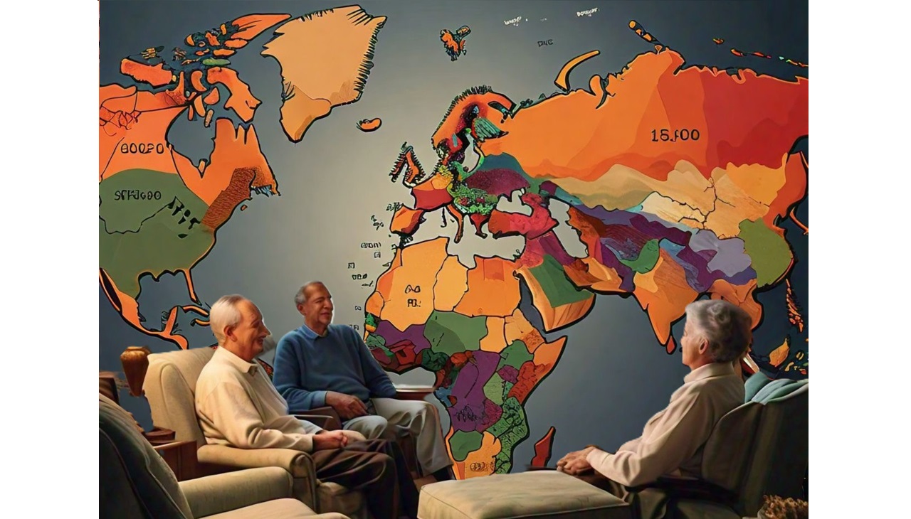 Retirees looking at a world map. Image generated by Llama Meta AI