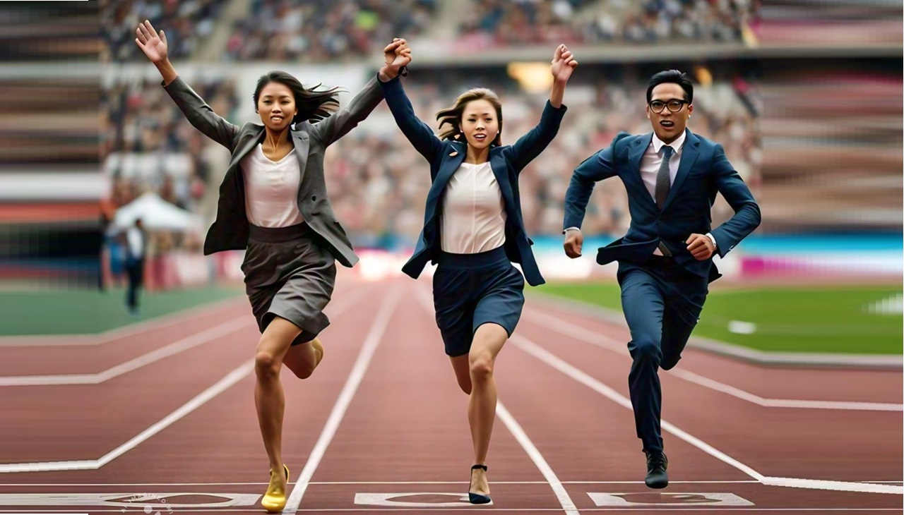 Mujeres de oficina ganando una competencia a un hombre. Imagen generada por Llama IA de Meta.