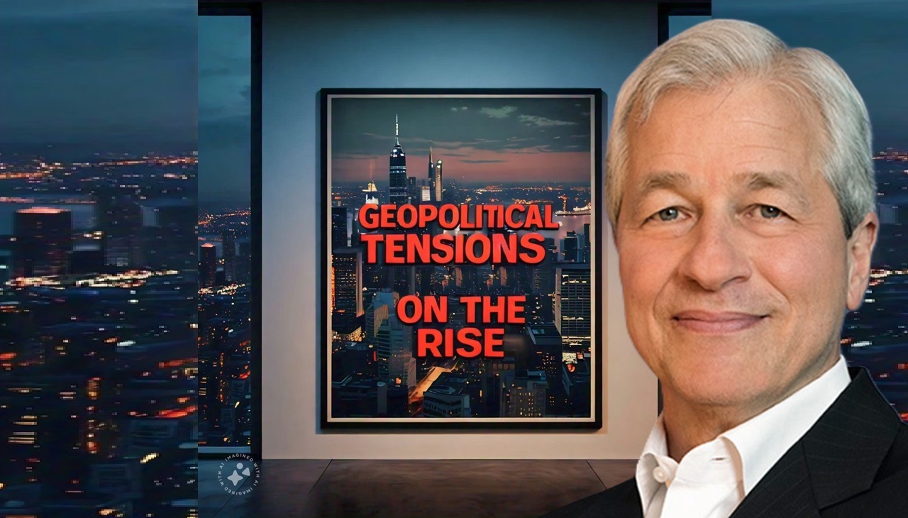 Imagen elaborada por Al Dia News. Fondo, generado por Llama IA de Meta. Foto de Jamie Dimon tomada del Press kit de JP Morgan.