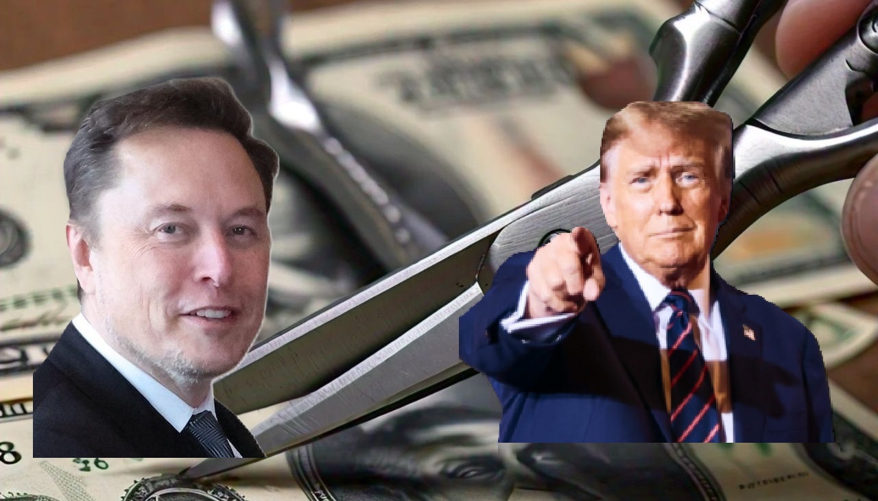 Elon Musk, Donald Trump and spending cuts. Images taken from Musk's X account and Trump's presidential campaign website. Background generated by Meta's Llama.