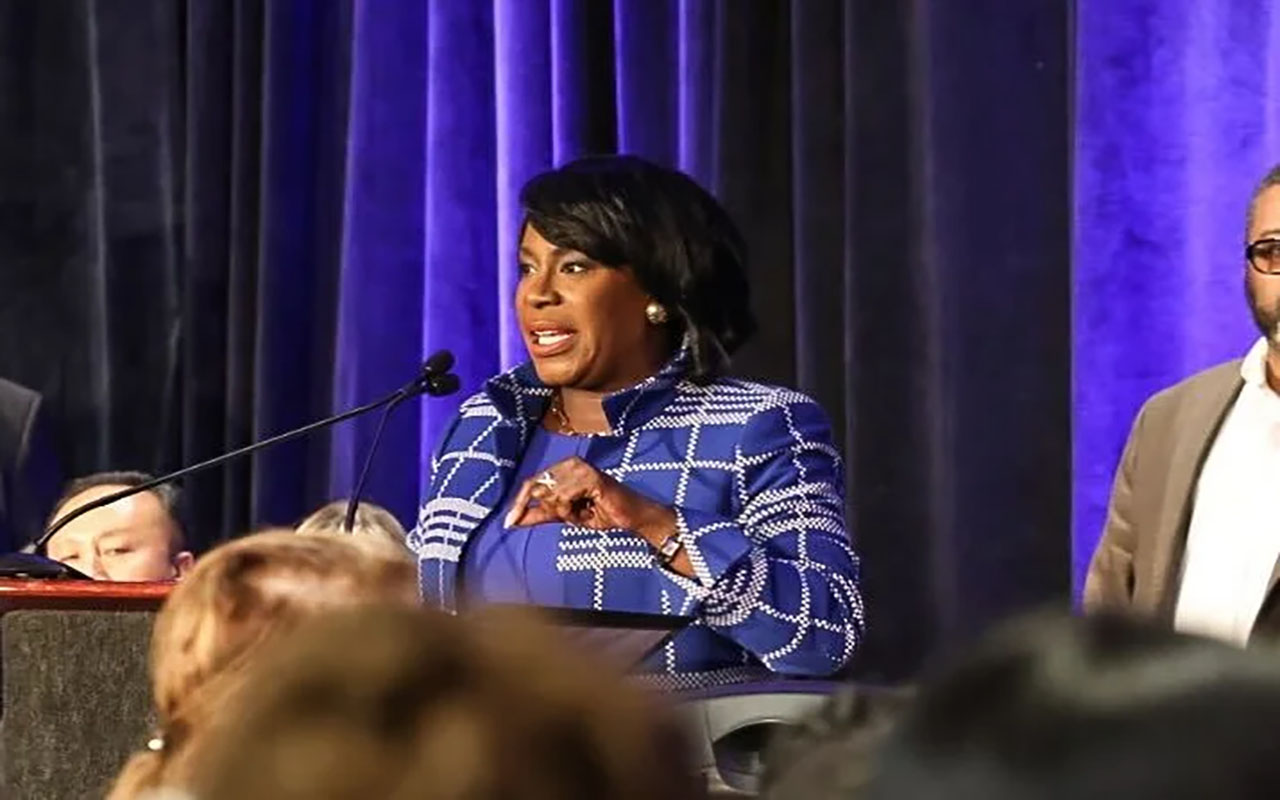 Philadelphia Mayor Cherelle Parker urged attendees to actively listen during the 76ers arena town hall at the Pennsylvania Convention Center on September 11, 2024. (Kimberly Paynter/WHYY)