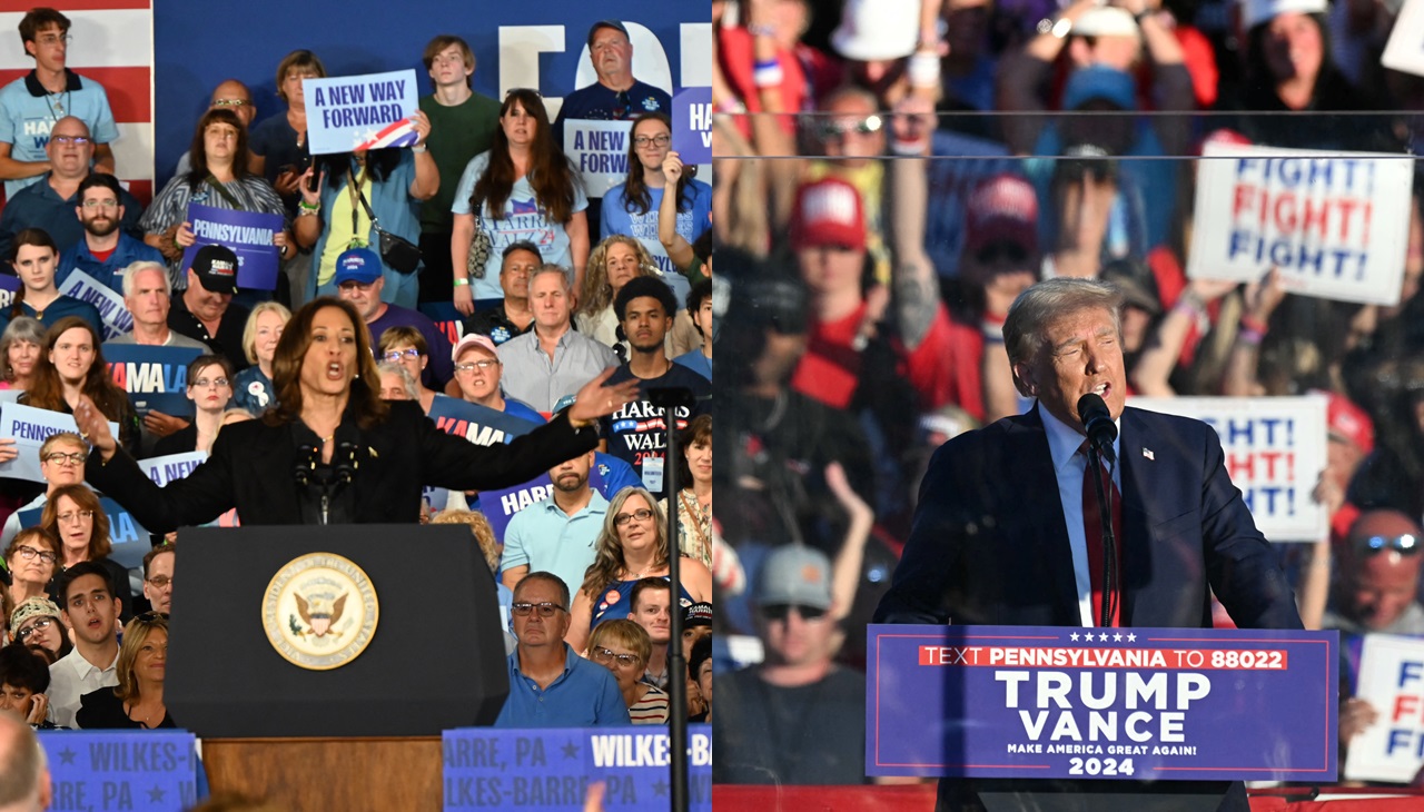 Kamala Harris, during a rally at Wilkes University in Wilkes-Barre, Pennsylvania. Photo by KYLE MAZZA / NurPhoto / NurPhoto via AFP. Former President Trump during a rally in Butler, Pennsylvania. Photo by Jim WATSON / AFP