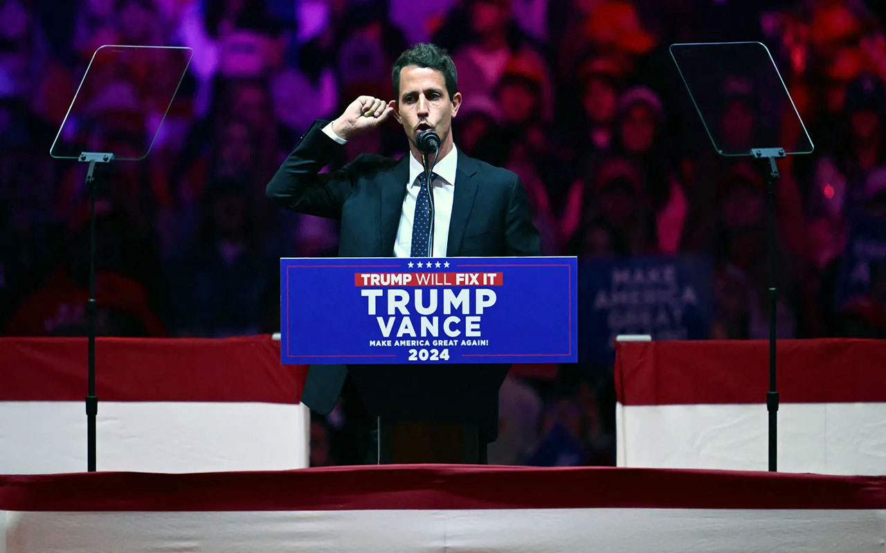 Comedian Tony Hinchcliffe speaks during a campaign rally for former president Donald Trump at Madison Square Garden in New York on Sunday. Photo: Angela Weiss/AFP via Getty Images