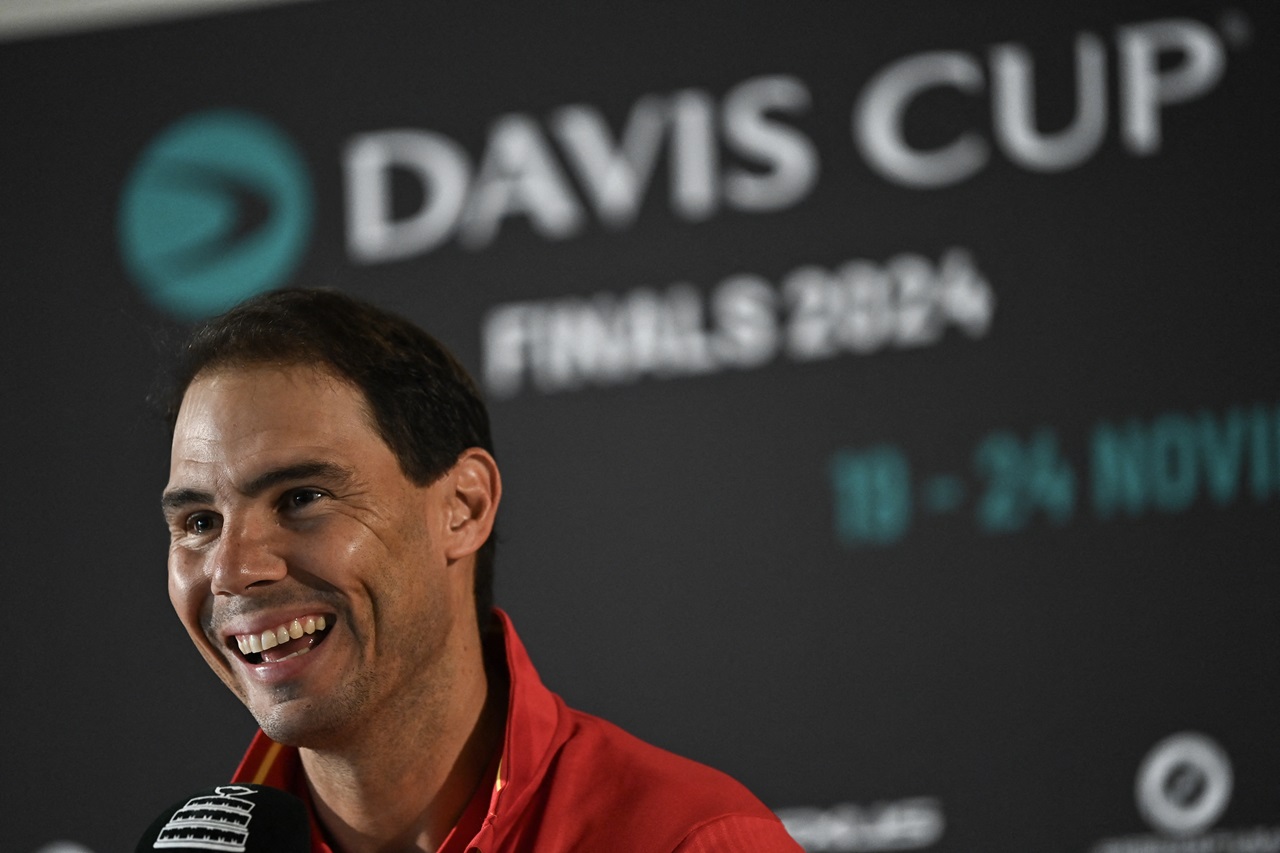 Rafael Nadal of Team Spain smiles during a press conference ahead of the Davis Cup tennis tournament finals, in Fuengirola, near Malaga, on November 18, 2024. (Photo by JORGE GUERRERO / AFP)