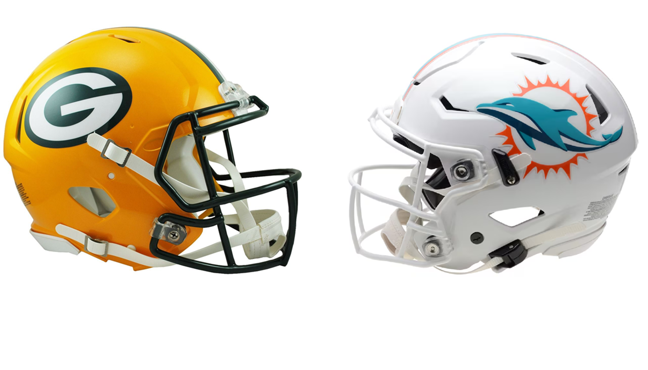 Cascos de los Packers y los Dolphins. Imágenes tomadas de los sitios web oficiales de los equipos.