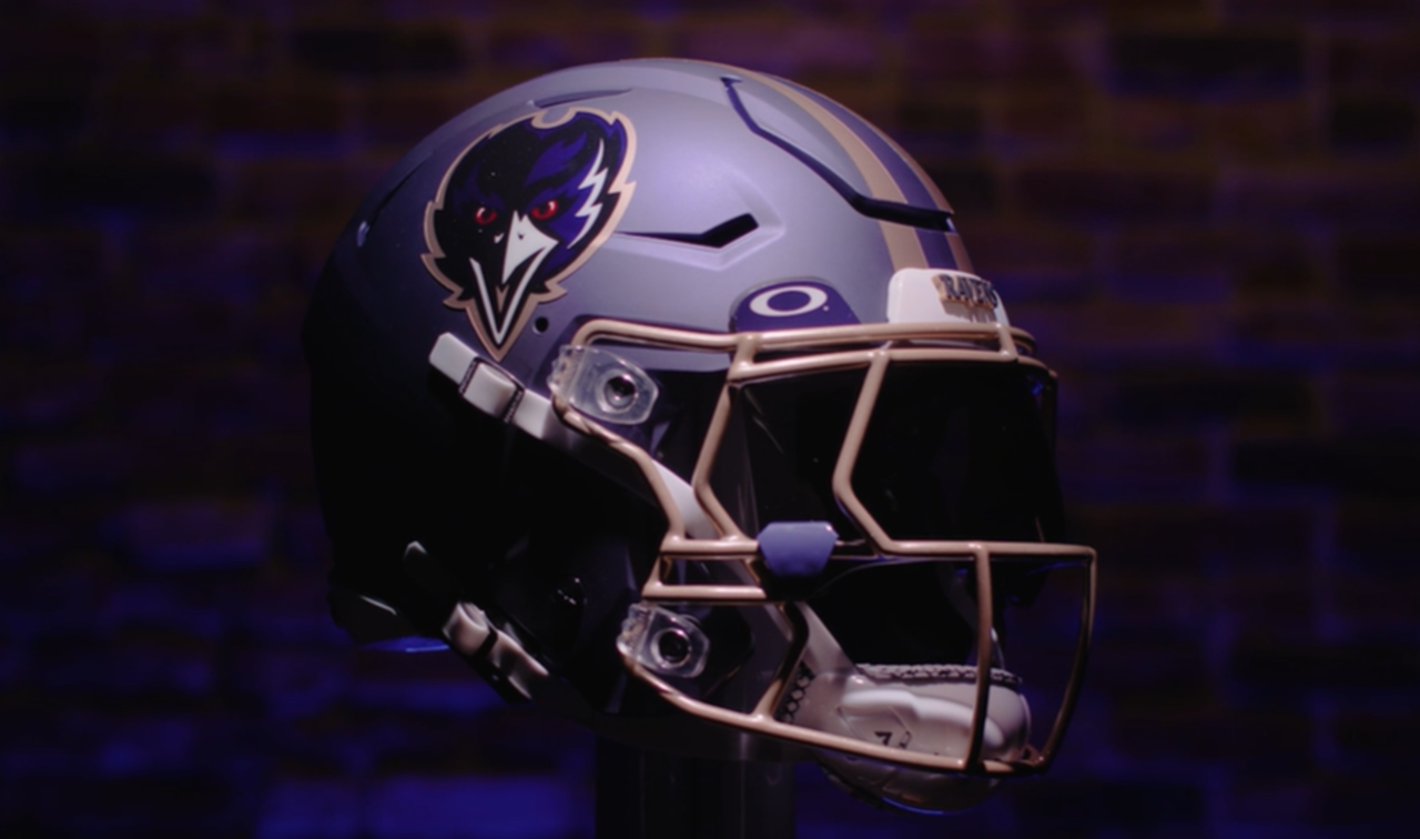 American soccer helmet, with The Ravens logo. Ravens website Screenshot 