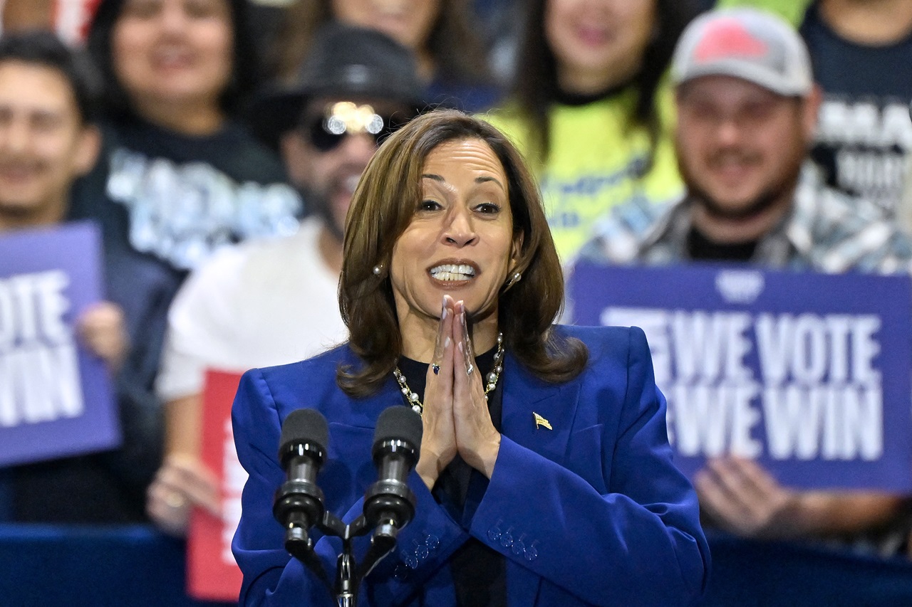 US Vice President and Democratic presidential candidate Kamala Harris speaks during a campaign rally at the Craig Ranch Amphitheater in Las Vegas, Nevada, on October 31, 2024. (Photo by David Becker / AFP)