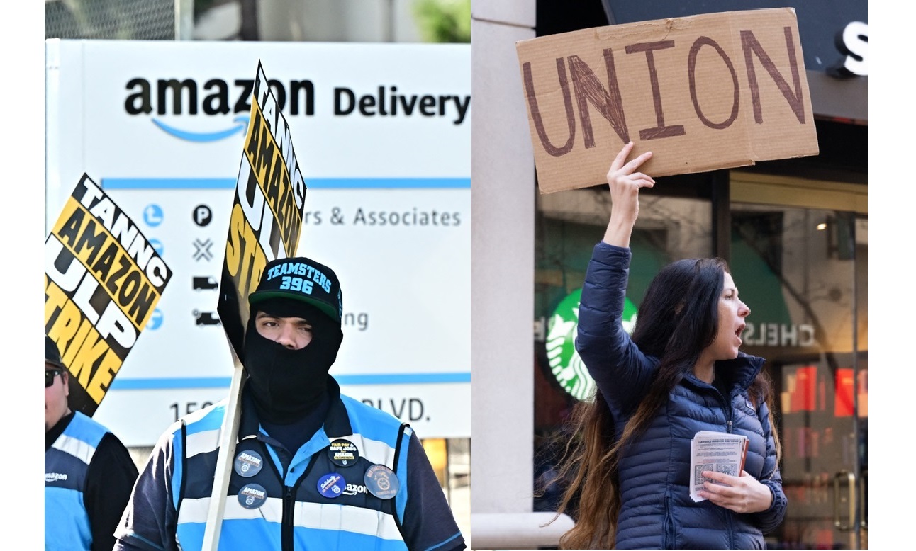 Amazon and Starbuck workers  protesting. Photos AFP