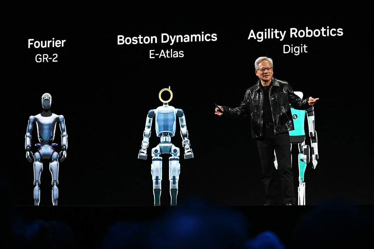 Nvidia CEO Jensen Huang delivers a keynote address at the Consumer Electronics Show (CES) in Las Vegas. (Photo by Patrick T. Fallon / AFP)