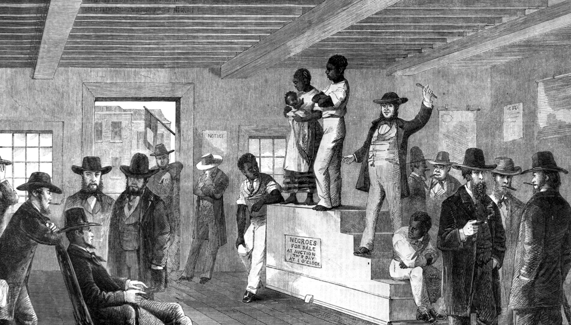 A slave auction in Virginia.  Rischgitz/Getty Images