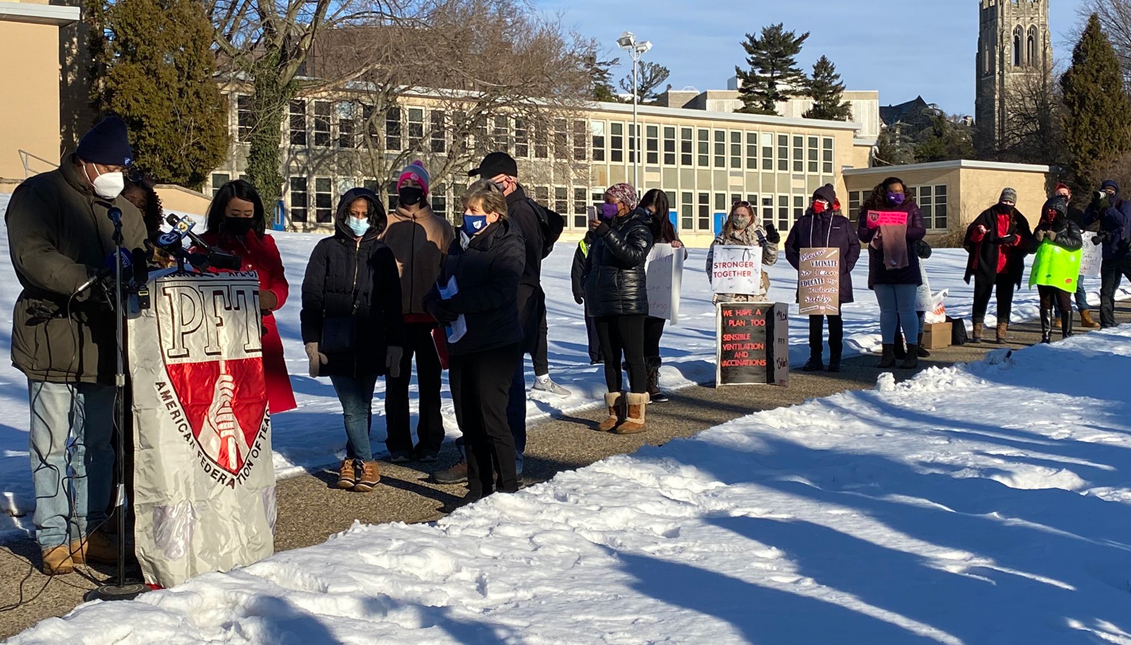 Local elected officials showed out with union reps and other protesters at schools across the city demanding a better plan for school reopening. Photo: Twitter: @HelenGymAtLarge