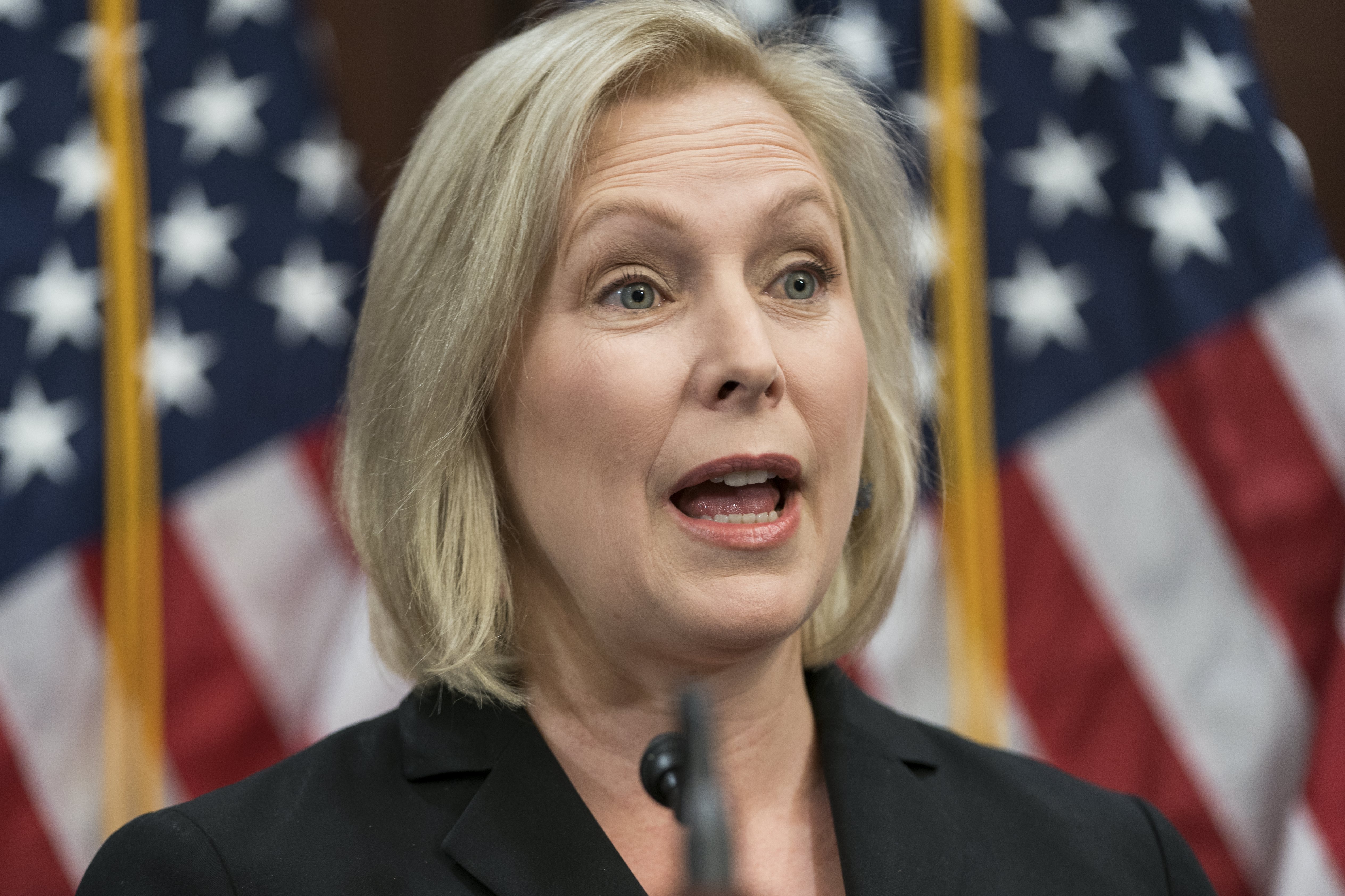 Democratic Senator from New York, Kirsten Gillibrand, speaks about President Trump's sexually suggestive tweet about her in the US Capitol in Washington,