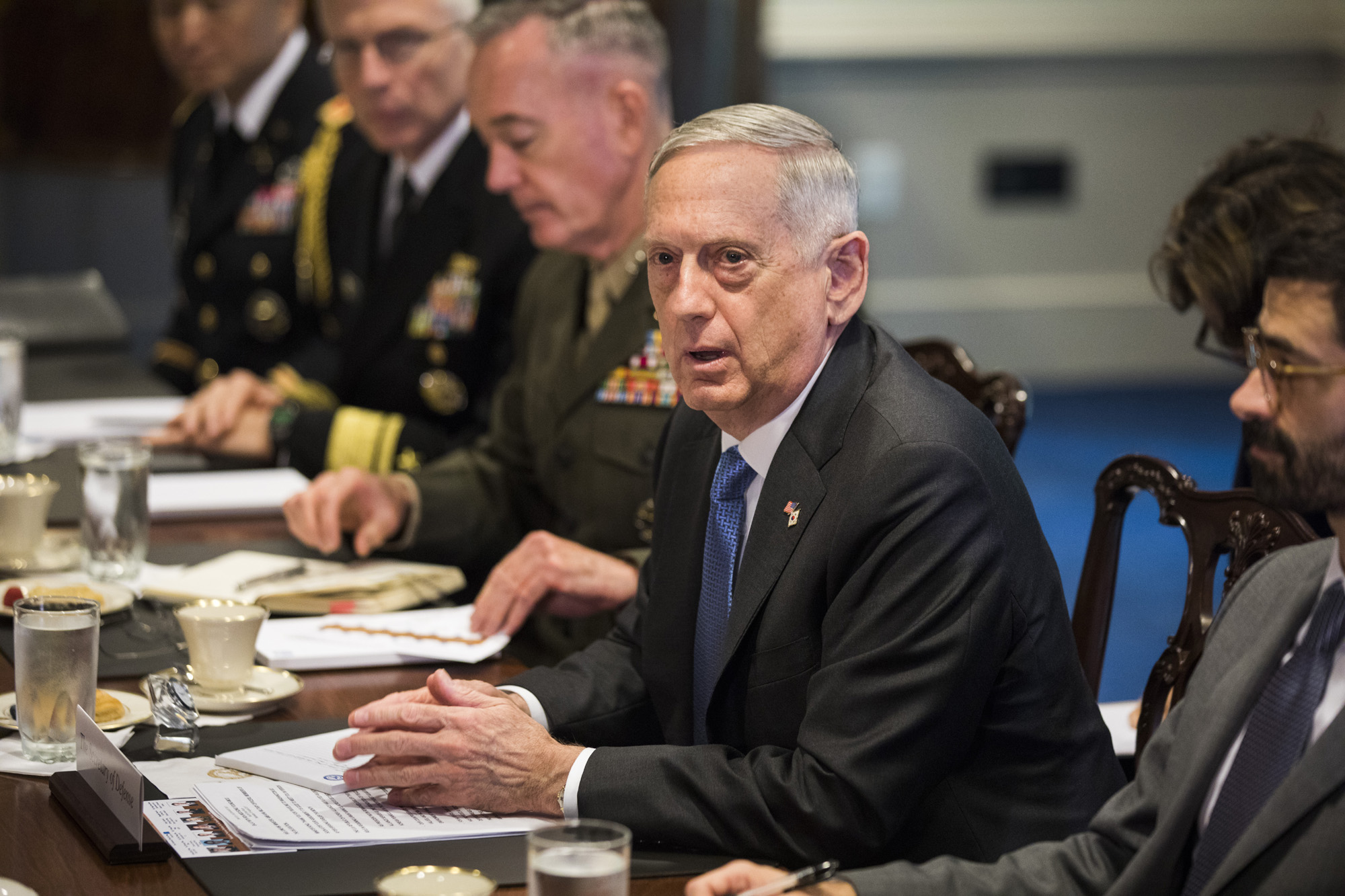 Secretary of Defense Jim Mattis (R) speaks during a meeting with South Korea's Defense Minister Song Young-moo (not pictured) in the Pentagon in Arlington, Virginia, USA, Aug. 30, 2017.