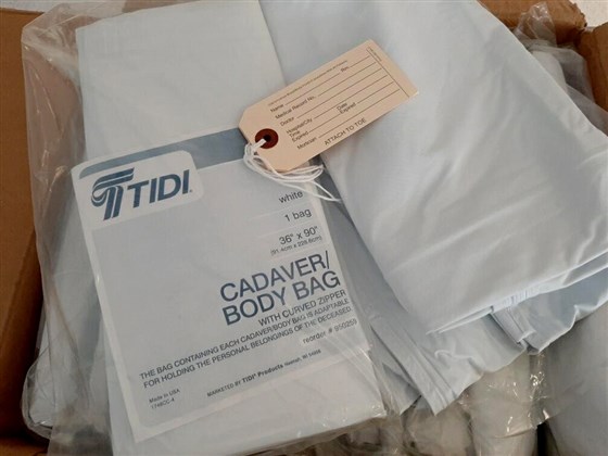 The package of body bags and toe-tags received by the Seattle Indian Health Board in March. Photo: Seattle Indian Health Board. 

