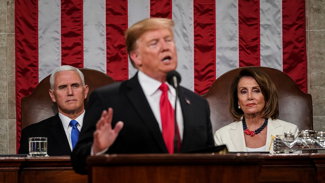 President Donald Trump delivering his State of the Union address with Vice President Mike Pence and House Speaker Nancy Pelosi sitting behind him. Photo: Doug Mills/The New York Times via AP, Pool