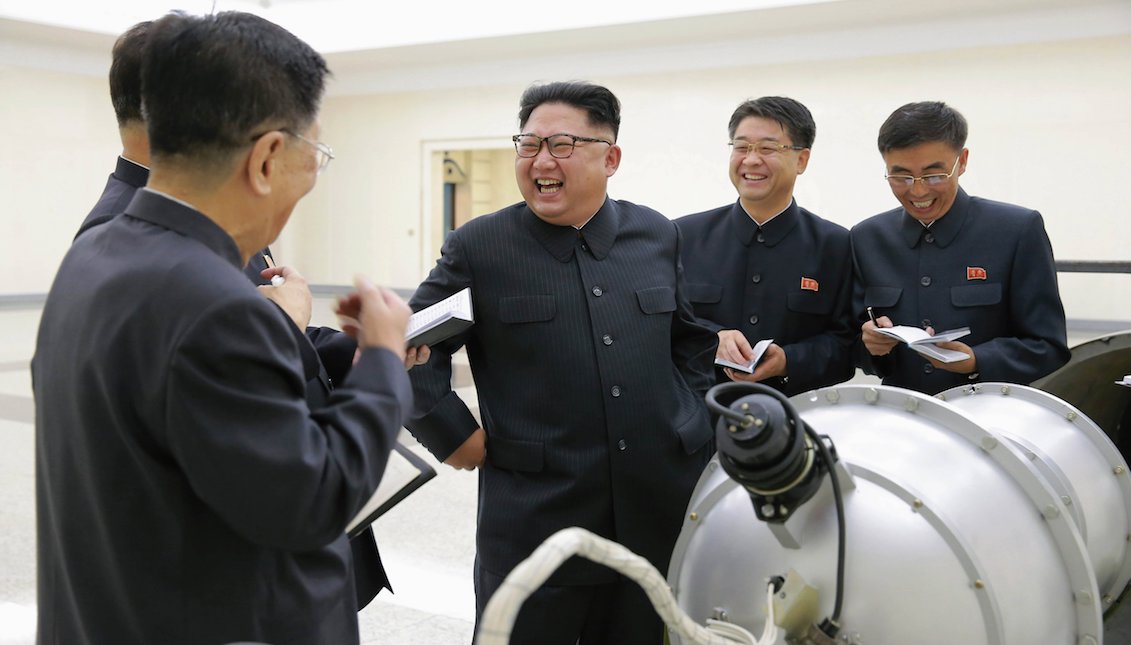 An undated photo released by the North Korean Central News Agency (KCNA), shows Kim Jong-un (3-R), supreme commander of the Korean People's Army (KPA), purportedly guiding the work for nuclear weaponization on spot, at an undisclosed location in North Korea. According to KCNA, the North Korean leader watched an H-bomb (hydrogen bomb), a multi-functional thermonuclear nuke with great destructive power, to be loaded into an intercontinental ballistic missile (ICBM). EFE/EPA/KCNA