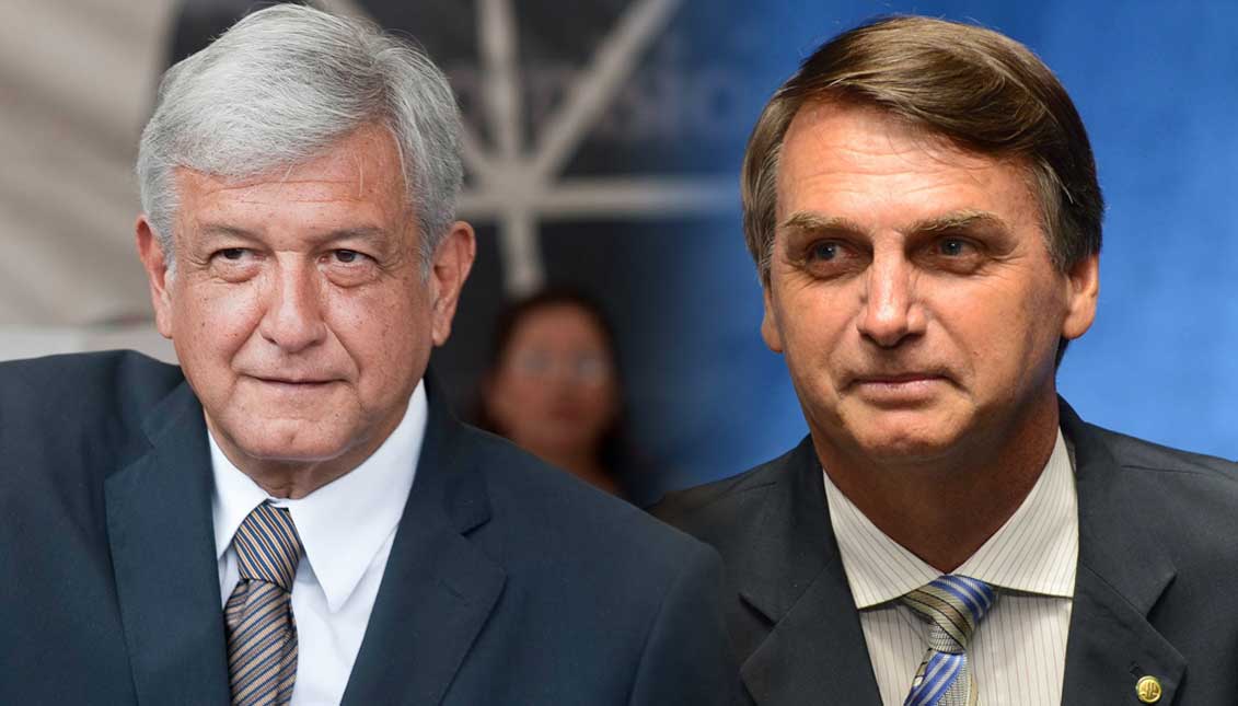 Andrés Manuel López Obrador (I), candidato presidencial en México para las elecciones 2018, y Jair Bolsonaro (D), candidato para las elecciones en Brasil. 