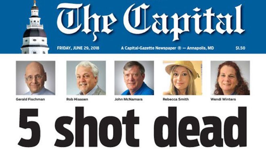 Front page of the Capital Gazette this Friday, June 29, 2018, a day after an attacker entered its facilities with a shotgun, taking the lives of 5 people.