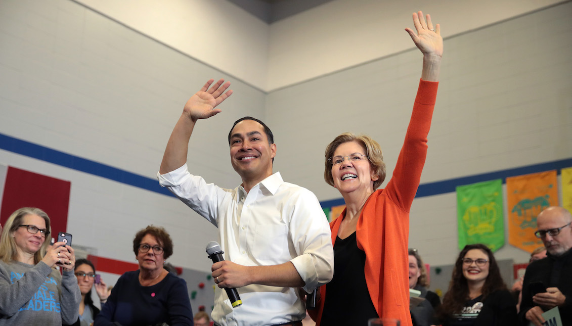 MARSHALLTOWN, IOWA - JANUARY 12: Former housing secretary Julian Castro joins Democratic presidential candidate Sen. Elizabeth Warren (D-MA) during a campaign stop at Fisher Elementary School on January 12, 2020 in Marshalltown, Iowa. (Photo by Scott Olson/Getty Images)
