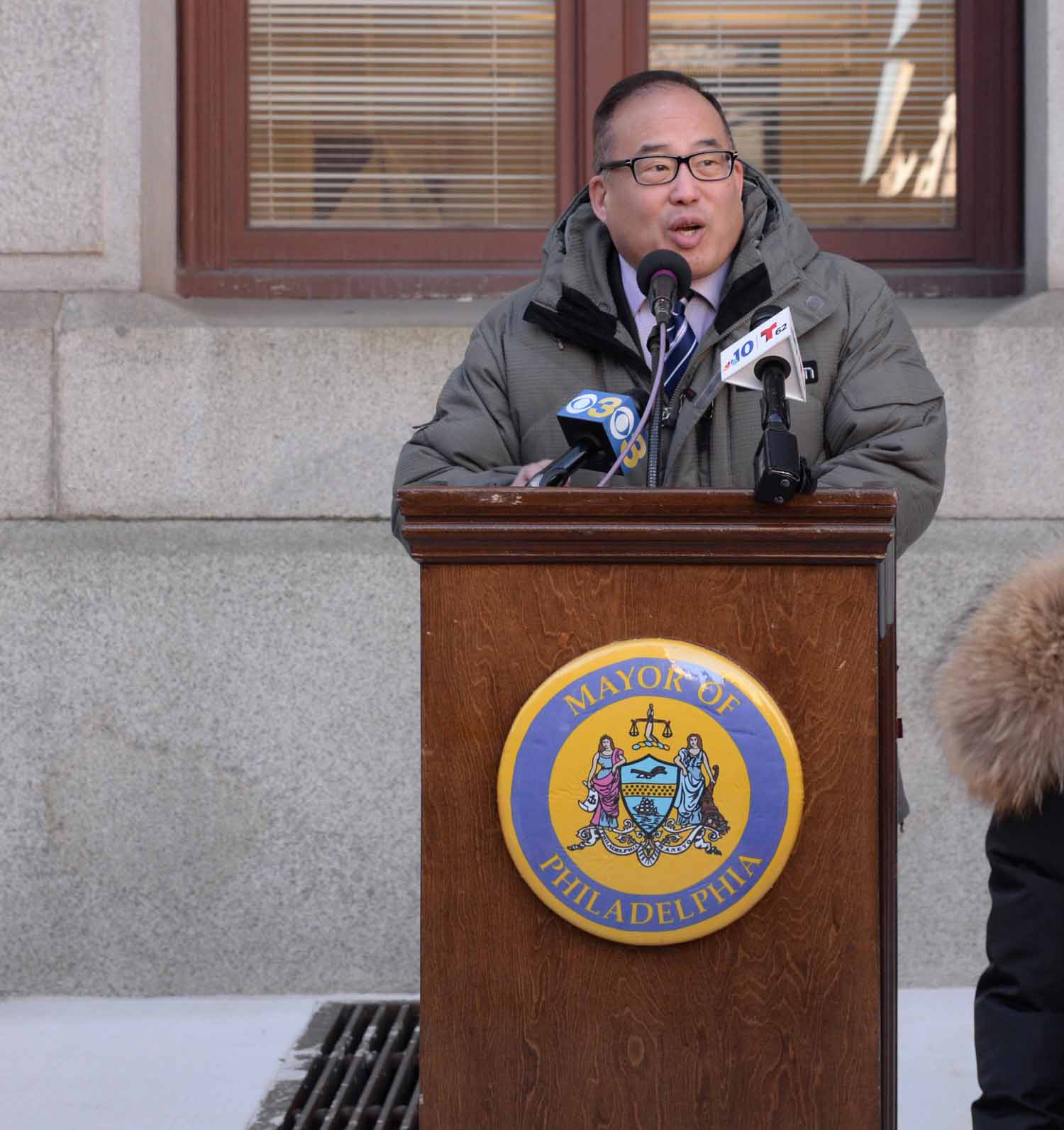 Councilman Oh speaks at the South Korean Flag Raising in January. Photo: William Z. Foster.