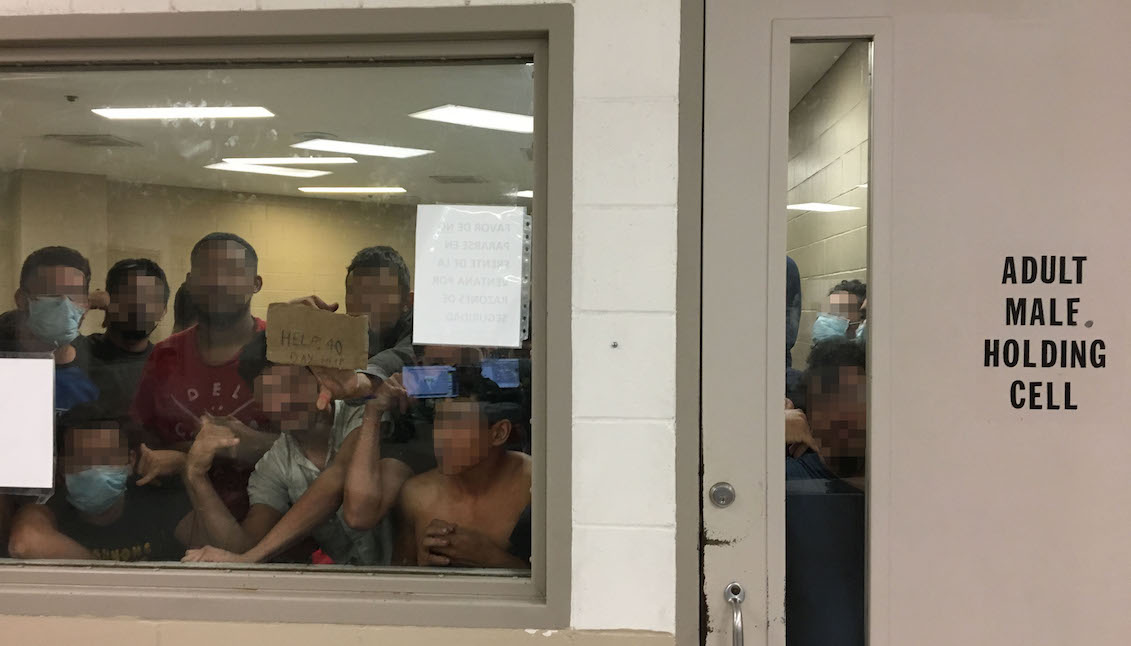BROWNSVILLE, TX - JUNE 12: 88 adult males are held in a cell with a maximum capacity of 41, some signaling prolonged detention at U.S. Border Patrol Fort Brown Station on June 12, 2019 in Brownsville, Texas. (Photo by Office of Inspector General/Department of Homeland Security via Getty Images)