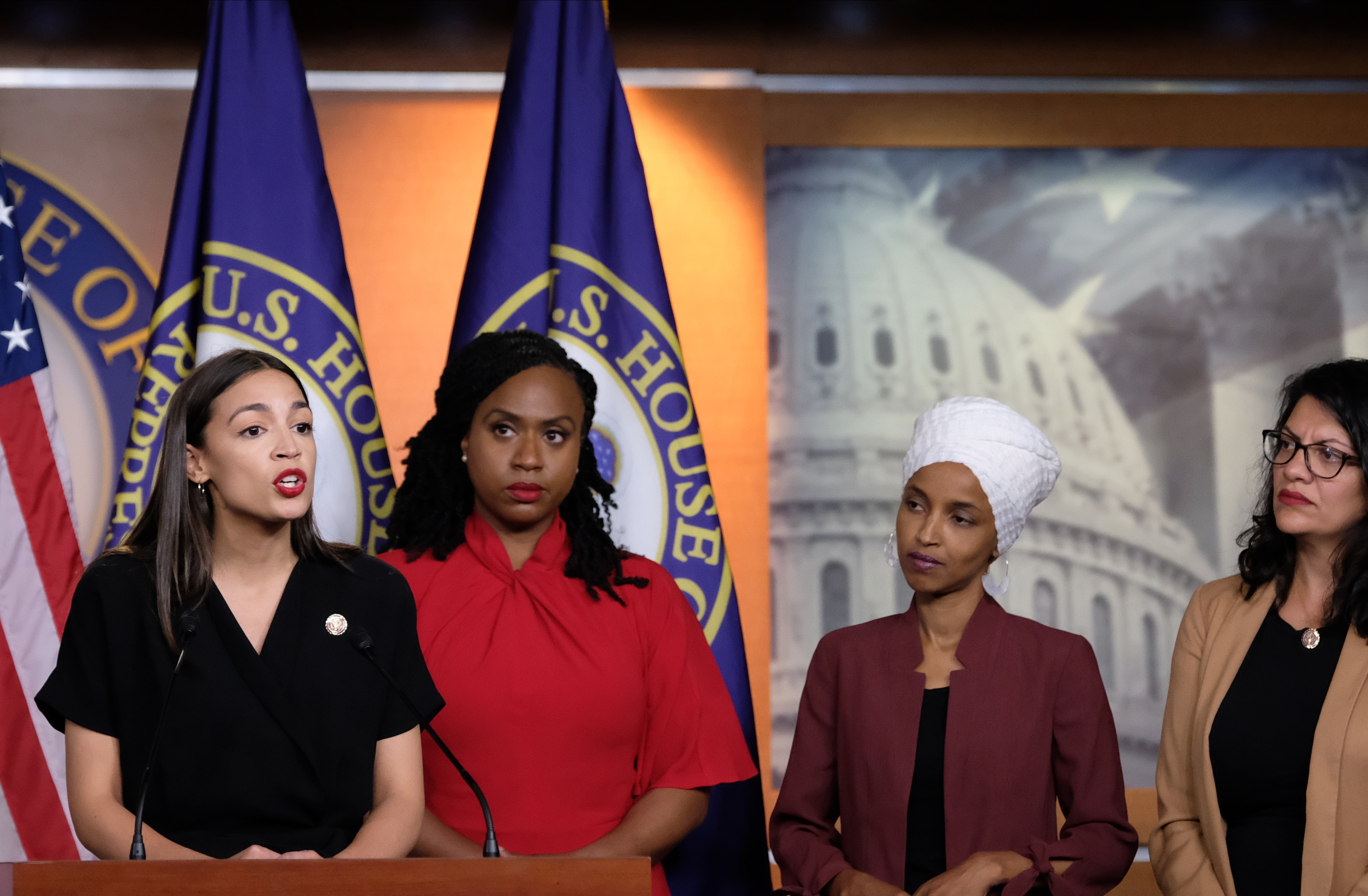 Congresswomen Ocasio-Cortez, Tlaib, Omar, And Pressley Hold News Conference After President Trump Attacks Them On TwitterWASHINGTON, DC - JULY 15: (L-R) U.S. Rep. Alexandria Ocasio-Cortez (D-NY) speaks as Reps. Ayanna Pressley (D-MA), Ilhan Omar (D-MN) and Rashida Tlaib (D-MI) listen during a news conference at the U.S. Capitol on July 15, 2019 in Washington, DC. (Photo by Alex Wroblewski/Getty Images)
