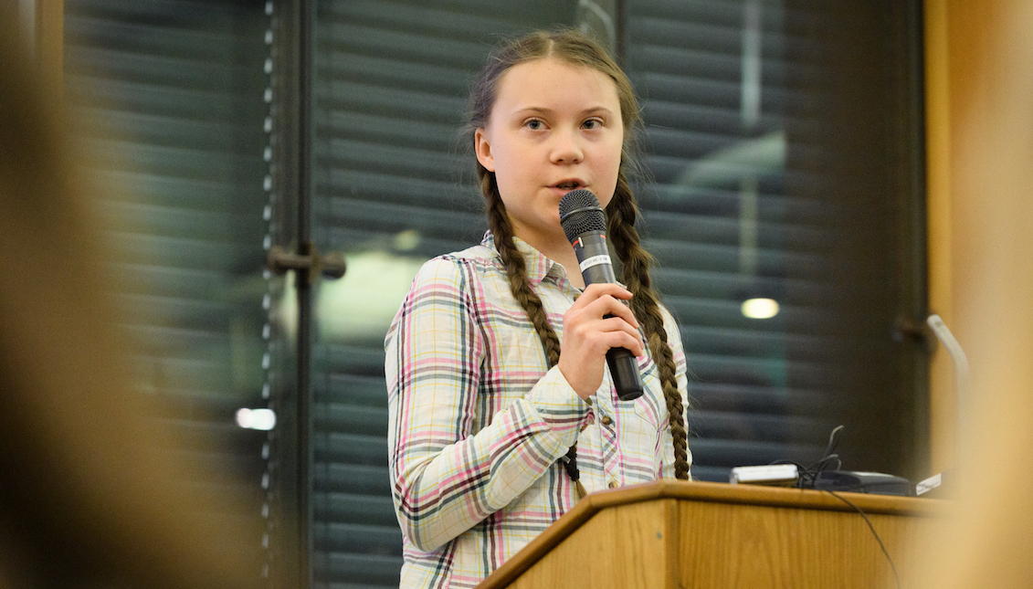 LONDON, ENGLAND - APRIL 23: Swedish environmental campaigner Greta Thunberg addresses politicians, media, and guests with the Houses of Parliament on April 23, 2019, in London, England. (Photo by Leon Neal/Getty Images)
