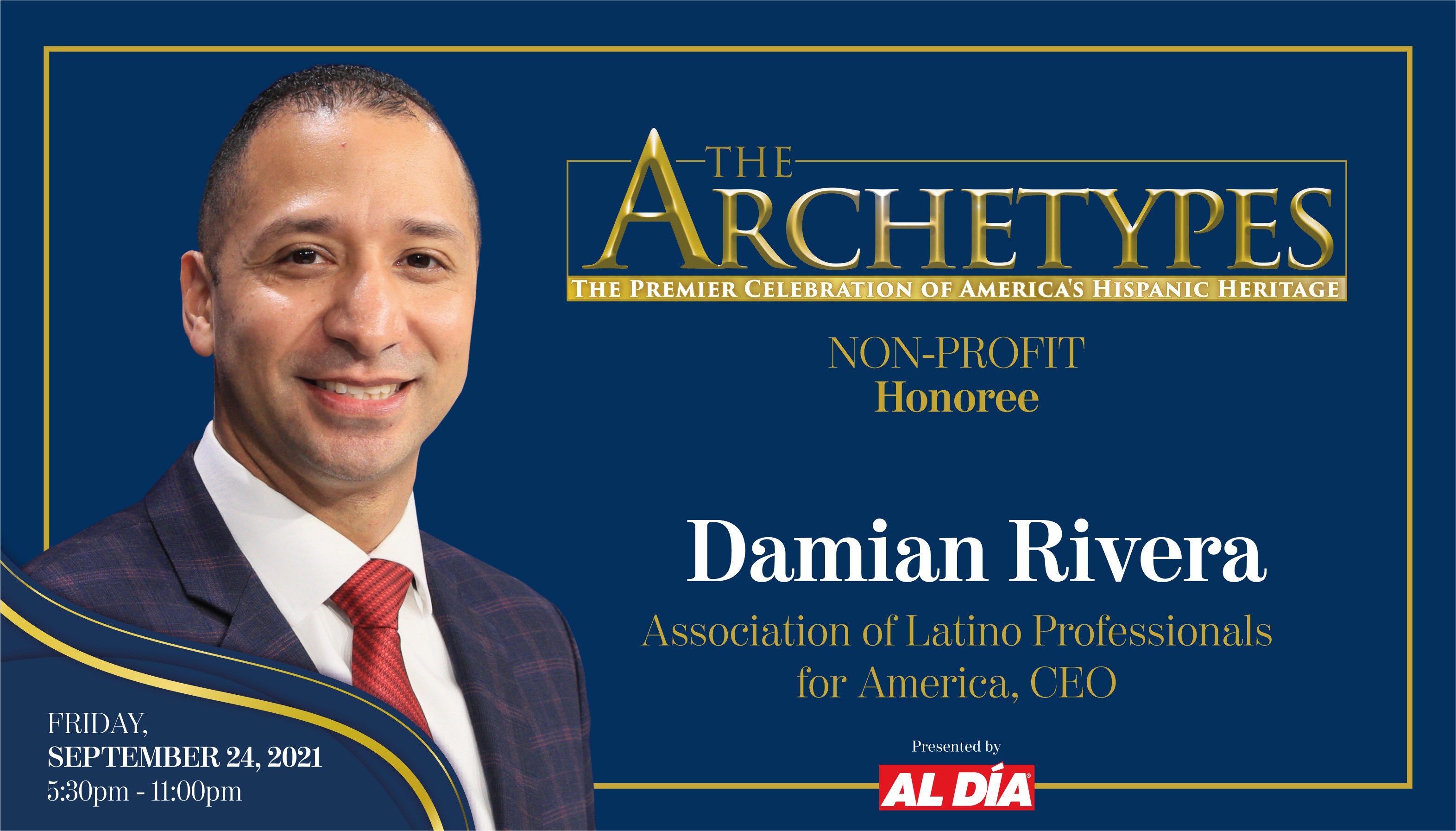 Damian Rivera, CEO of Association of Latino Professionals for America (ALPFA), will be a 2021 Ambassador Manuel Torres Award recipient. Graphic: Maybeth Peralta/AL DÍA News. 