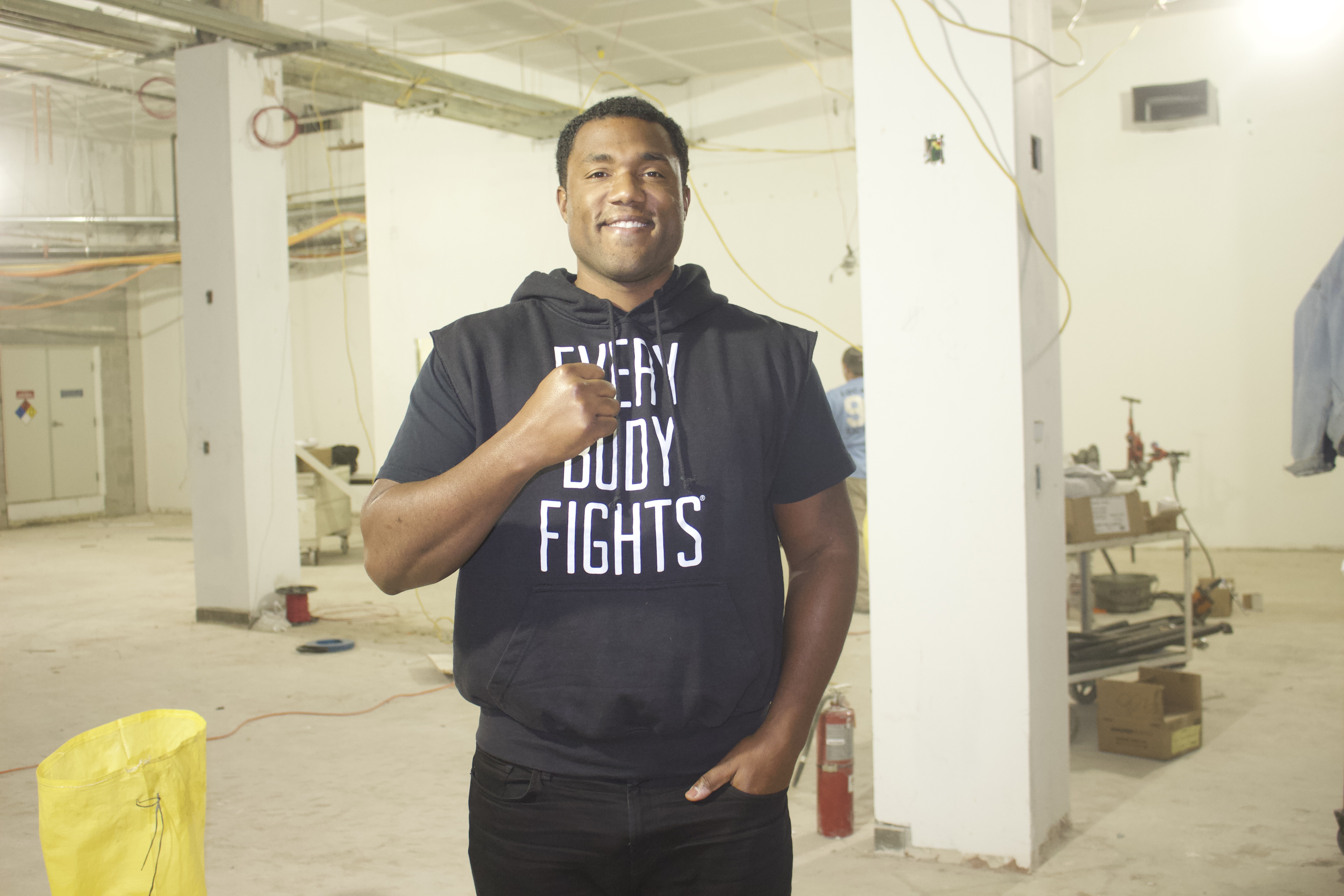 George Foreman III, the boxer, trainer, and entrepreneur at the newest EverybodyFights gym in Philadelphia, currently being built. Photo: AL DÍA News / Jensen Toussaint 