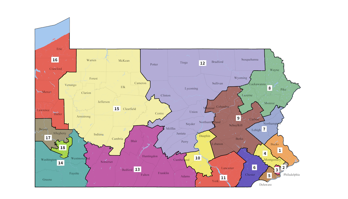 Nuevo mapa distrital de Pennsylvania para el Congreso, diseñada por la Corte Suprema del Estado y publicada el 19 de Febrero del 2018. 