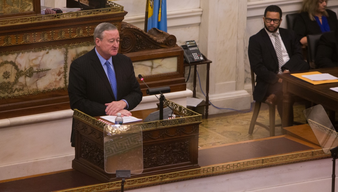 The mayor of Philadelphia, Jim Kenney, during the speech in which he asked the School Reform Commission to dissolve in order to create a new body that governs the future of education in the city and that is under the control of the local administration. Samantha Laub / AL DÍA News