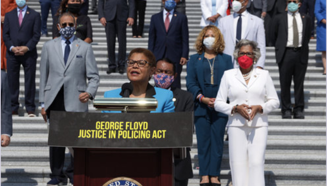 Rep. Karen Bass speaking during an event on police reform last year at the U.S Capitol. Photo: Alex Wong/Getty Images
