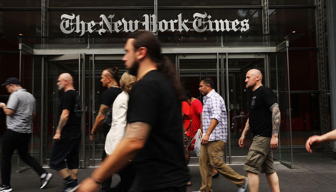 NEW YORK, NY - JULY 27: People walk past the New York Times building on July 27, 2017, in New York City. (Photo by Spencer Platt/Getty Images)
